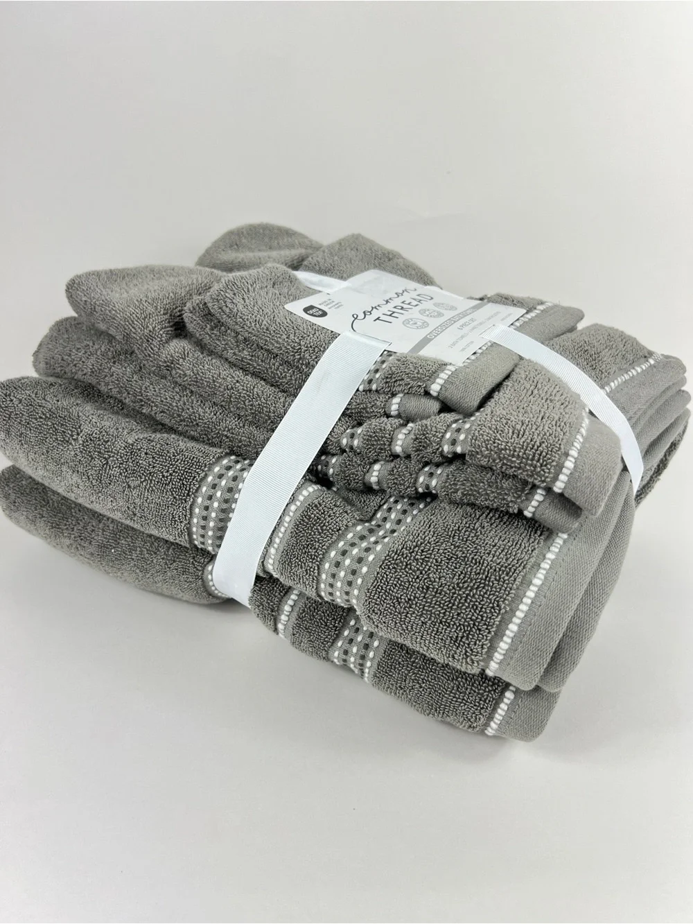 Common Thread Bath Towel Set Taupe White Quick Dry Low Twist Cotton 6 Pc NEW